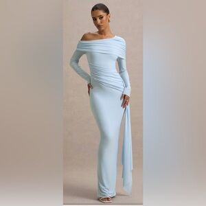VALINA - CLUB London- Elegant Light Blue Long Sleeve Ruched Midi Dress